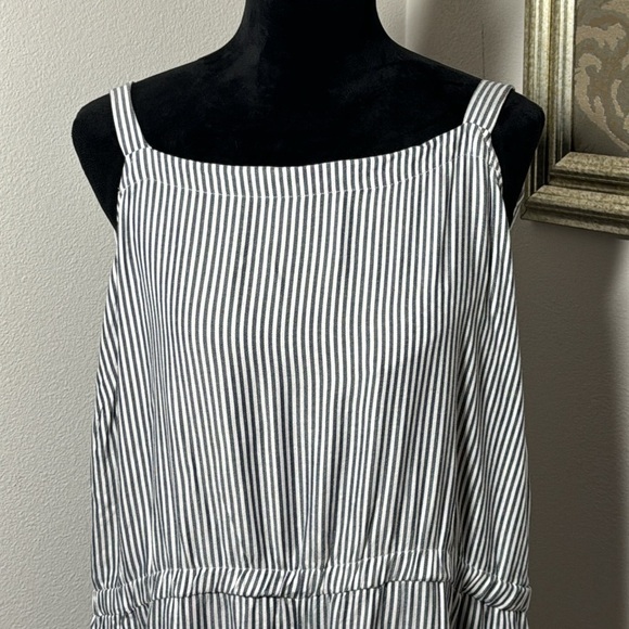 Square neck blue white stripe elastic waist crop wide leg jumpsuit Sz XXL - Picture 2 of 6